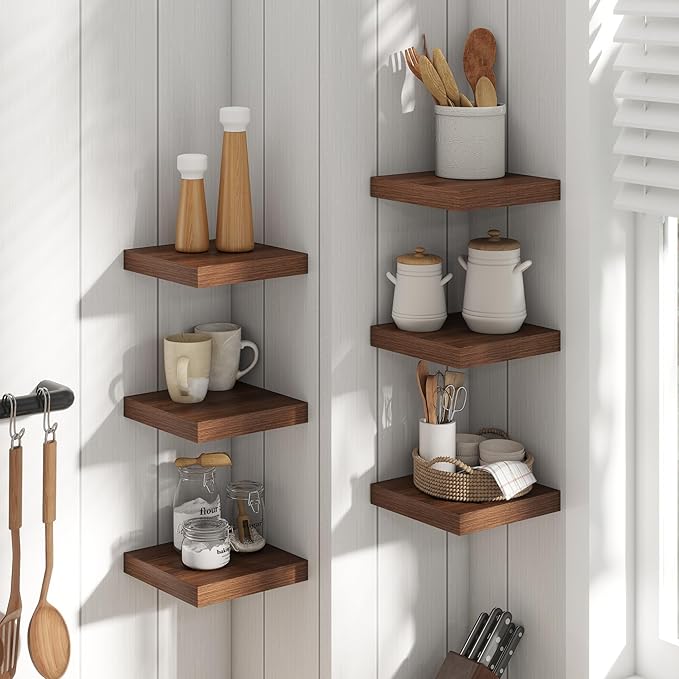 8 Inch Square Floating Shelves for Wall 3 Pack, 8"D Wood Grain Bathroom Shelves with Invisible Brackets, Easy Install Engineered Wood Storage Shelves for Kitchen, Living Room, Bedroom, Walnut Finish