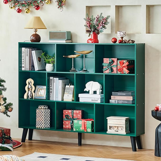LEYAOYAO 10 Cube Bookshelf, 3 Tier Vintage 55" Wide Bookcase with Legs, Mid-Century Wood Bookshelves Storage, Dark Green Large Book Case, Freestanding Organizer Display Shelf for Living Room, Office