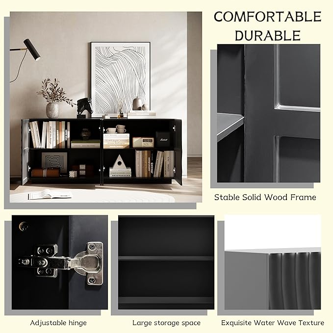 Wave Pattern Sideboard Buffet Cabinet - Modern Luxury Multifunctional Storage Cabinet with 3D Textured Doors, Display Cabinet for Dining Room Living Room Entryway (Black)