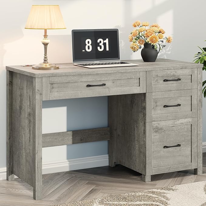Farmhouse 47" Executive Desk, Computer Desk with File Drawer and Charging Station, Workstation for Home Office, Study.Grey