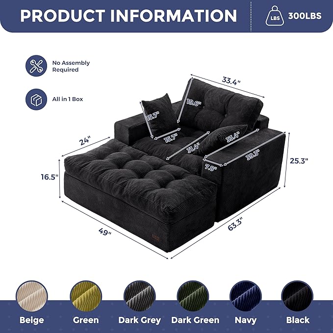 MAXYOYO Oversized Chaise Lounge Sofa, Upholstered Lounge Chair with 3 Pillows, Tufted Boneless Sofa Couch with Ottoman, Deep Seat Chair for Living Room, No Assembly, Black