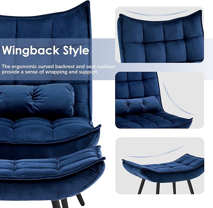 MCombo Accent Chair with Ottoman, Modern Velvet Wingback Lounge Chair, Upholstered Club Chair for Small Space, Living Room & Bedroom 4079 (1, Blue)
