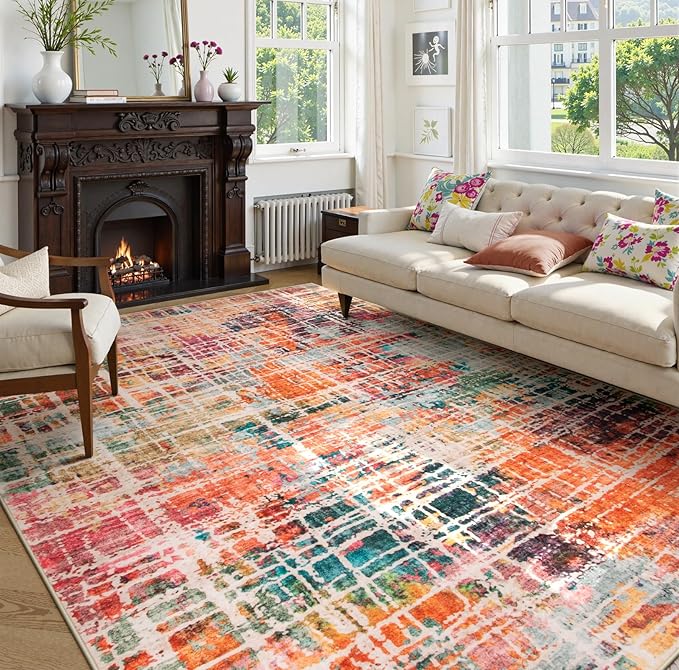 Beeiva Abstract Washable Rugs for Living Room 9x12, Modern Non Slip Area Rug, Ultra Thin Foldable Soft Carpet for Bedroom Dining Room Playroom Office - Multicolor