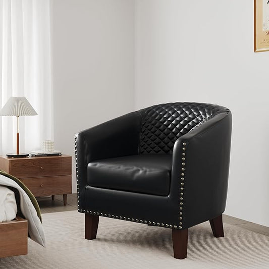 Accent Barrel Chair, Upholstered Faux Leather Club Chair with Nailed Trim, Comfy Reading Armchair for Living Room Bedroom Reception Room Office (Black, Set of 1)