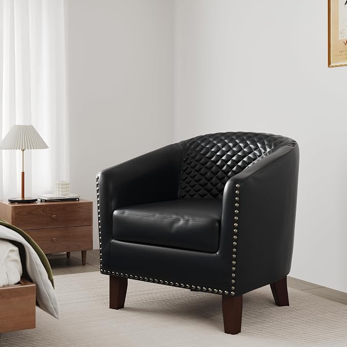 Accent Barrel Chair, Upholstered Faux Leather Club Chair with Nailed Trim, Comfy Reading Armchair for Living Room Bedroom Reception Room Office (Black, Set of 1)