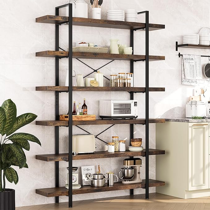 Heavy Duty 6-Tier Industrial Bookcase, 47" Wide Wood Bookshelf for Home Office, 120lbs Shelf Capacity, Rustic Open Shelving Display with Reinforced Horizontal Shelf for Living Room Bedroom