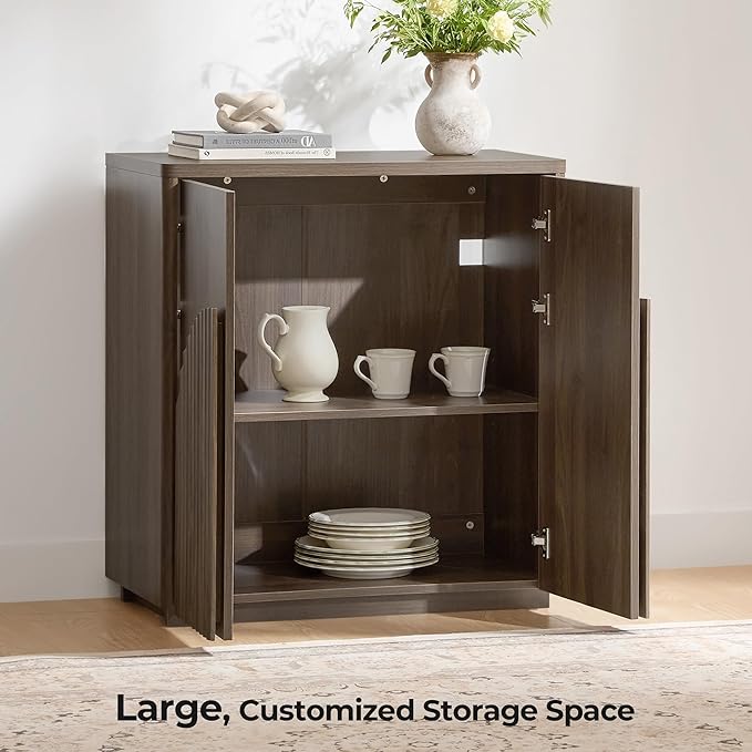 CHITA Sideboard Buffet Cabinet with Storage, Small Storage Cabinet with Doors and Shelves for Living Room Accent, Bar, Kitchen, Set of 2, Walnut
