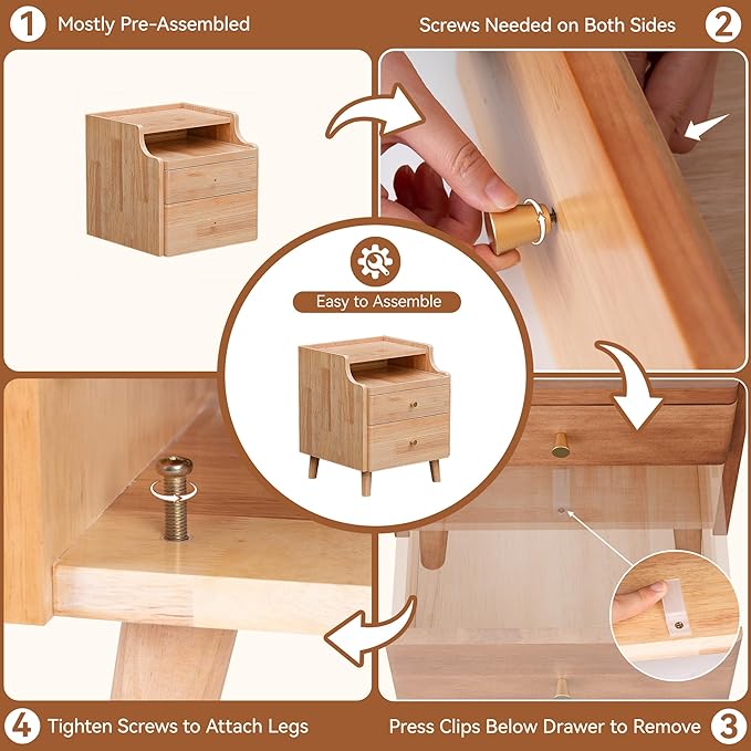 Nightstand Set of 2, Pre-Assembled, 19.7“H Solid Wood Night Stand with 2 Drawers, Open Sliding Shelf, Mid Century Modern Small Bedside Table for Bedroom, End Side Table, Natural Oak