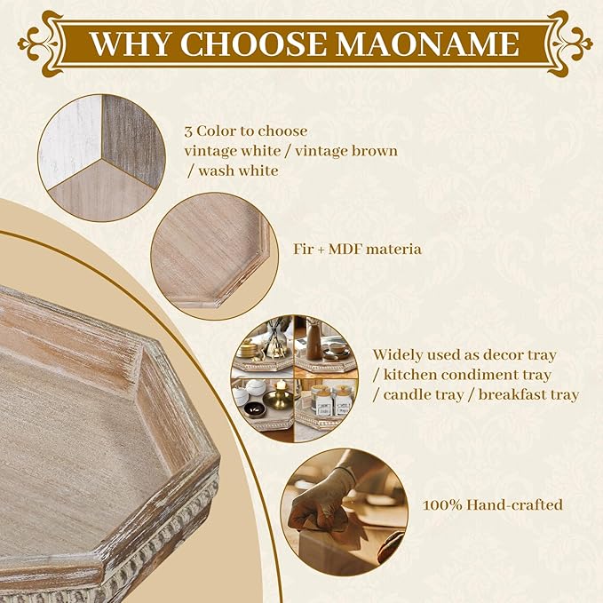 MAONAME Wood Serving Tray,Farmhouse Wooden Tray with Beads, Washed White Octagonal Serving Tray，Coffee Table Tray for Living Room, Kitchen, 12" X 12" X 1.6"