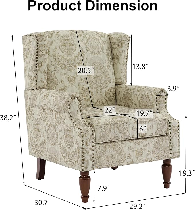 Pia Ricco Set of 2 Floral Accent Chairs, High Back Upholstered Armchairs with Retro Wingback Design, Nailhead Trim & Solid Wood Legs for Living Room Bedroom Home Office(Flower White)