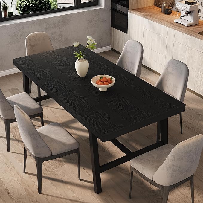GarveeHome Industrial Dining Table for 6-8 People, 70.87" Long Wooden Kitchen Table with Sturdy Metal Frame & Black Finish, Seats 6 Rectangular Counter for Dinner, Kitchen, Dining Room - Black