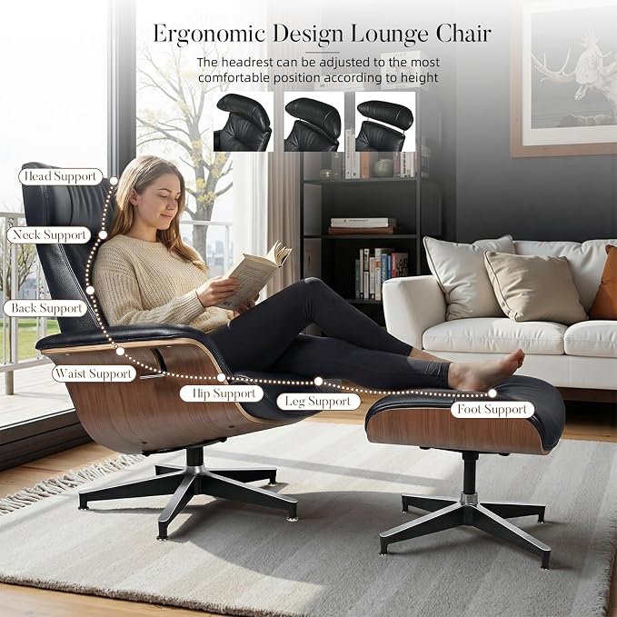 Mid Century Modern Chaise Lounge Chair with Ottoman,Swivel Accent Chair Top Black Full Grain Leather,Walnut Wood,Adjustable Backrest Headrest,Heavy Duty Metal Base for Office,Living Room,Black