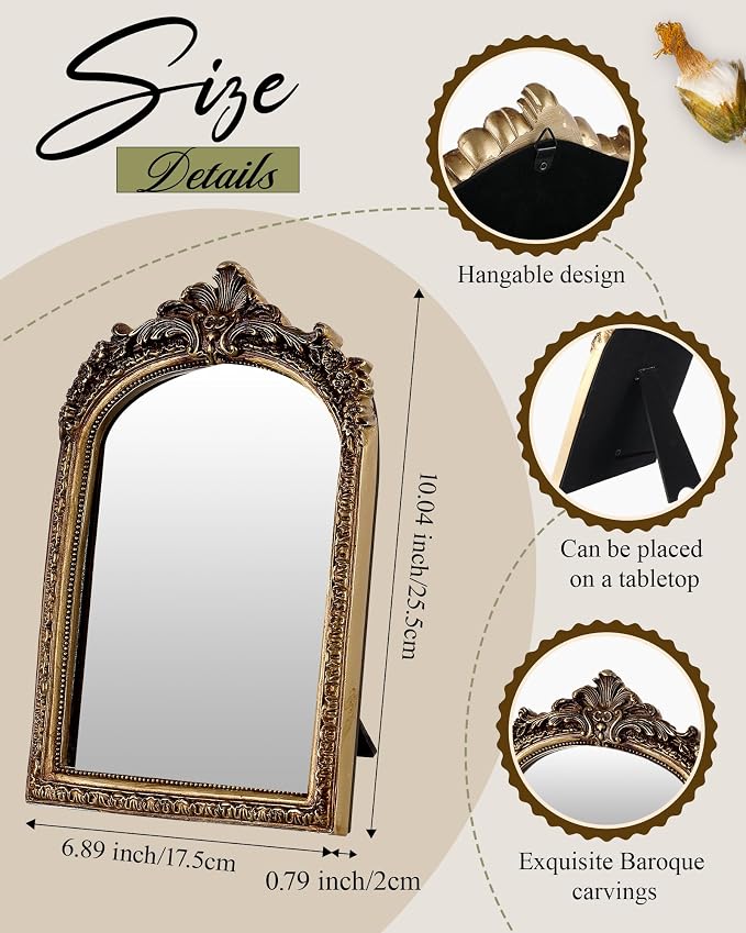 Wonderjune 3 Pcs Vintage Gold Mirror Set Wall Decorative, 8-15in Vintage Wall Mirror Hanging Antique Hanging with Stand for Living Room Home Wedding Decor(Classic Style, 13in/12in/10in)