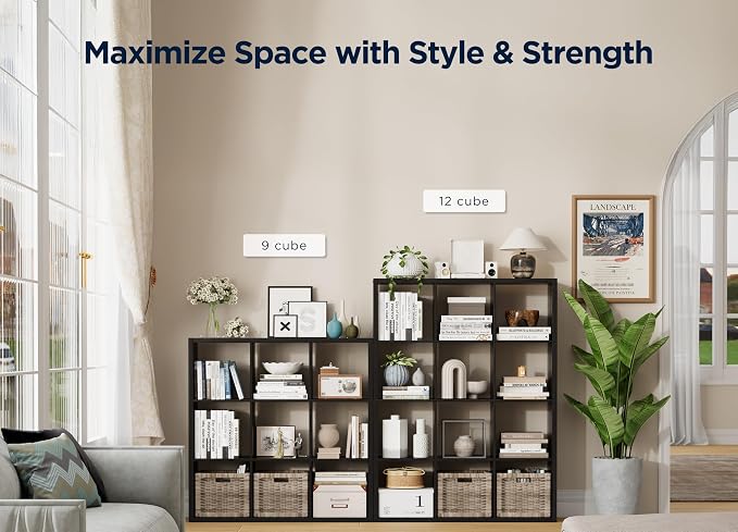16-Cube Storage Organizer Bookcase, Thick Frame Wood Grain Storage Shelf, Rectangular Cube Open Back Display Unit, 48.8x9.4x48.8 Inches for Living Room, Bedroom, Home Office, Embossed Black