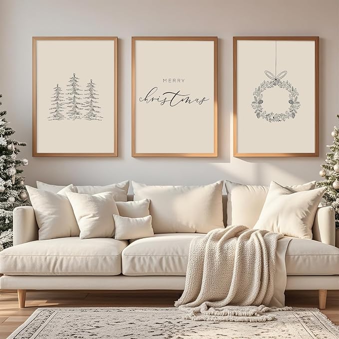 Baccone Christmas Wall Art Winter Xmas Canvas Decor Merry Christmas Wall Art Minimalist Vintage Painting Beige Farmhouse Prints Holiday Poster for Bathroom 16x24x3 Inch Unframed
