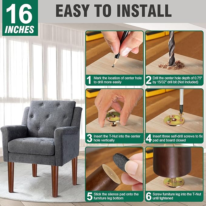 FoDau770 Brown Rubber Wood Furniture Legs 16 Inches, Straight Tapered Wood Feet Mid Century Sofa Legs Set of 4, 5/16" UNC Furniture Feet for Cabinet Couch Dresser Chair Ottoman Table