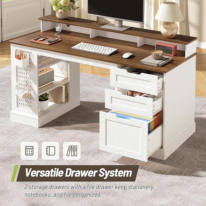 55-inch Farmhouse Executive Desk with 2 Drawers and File Cabinet, Computer Desk with 3-Tier Storage Shelves, Home Office Desk with Charging Station, Pegboard & Monitor Shelf, White and Walnut