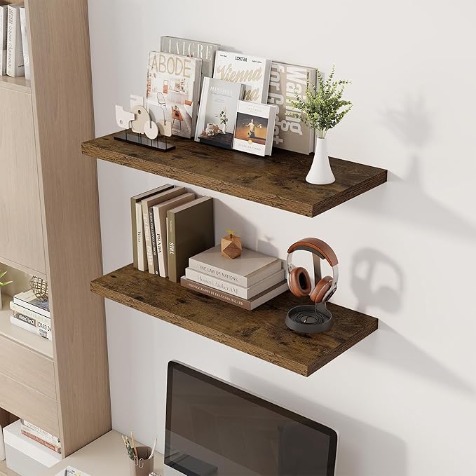 Dreamland 32" Floating Shelves for Wall, 12" Deep Slim Rustic Brown Floating Shelves, Wall-Mounted Shelves for Bedroom, Living Room, Kitchen, Bathroom - Set of 2
