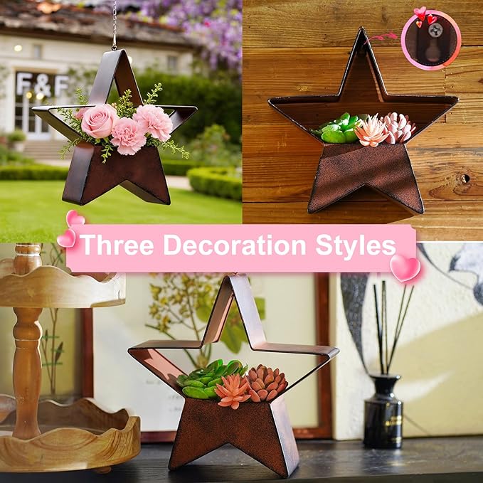 Metal Plant Hangers Indoor and Outdoor: Valentines Day Gifts for Her Wife Women Mom Garden Lovers Birthday - Star Shape Hanging Planters for Window Wall Living Room Office Decor(Rustic)