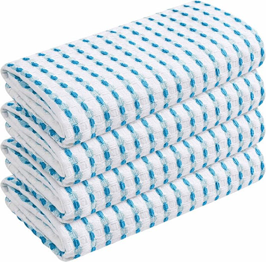 TWINY threads Waffle Weave Dish Towels Pack of 4, Large 16x26 Inches Kitchen Hand Towel Set, Super Absorbent, Fast Dry & Reusable Washcloths for Cooking, Cleaning & Drying, Turquiose Blue, White