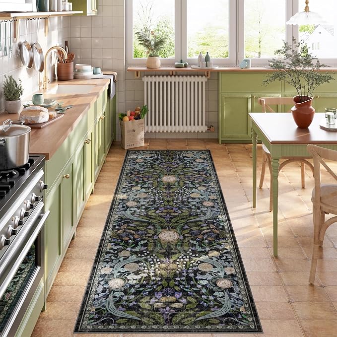 AMTOVO 2.7x8 Runner Rug for Hallway, Washable Non-Slip Long Kitchen Carpet, Floral Vintage Distressed Floor Mat for Hallways Entryway Living Room Laundry Room Bathroom Farmhouse, Black