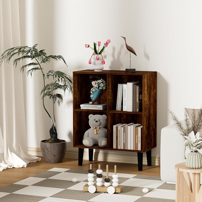4 Cube Bookcase, Wooden Book Shelf Cube Storage Organizer with Legs, 2 Tier Bookshelf Freestanding Open Shelves for Living Room, Bedroom, Home Office (Brown, 4 Cube)