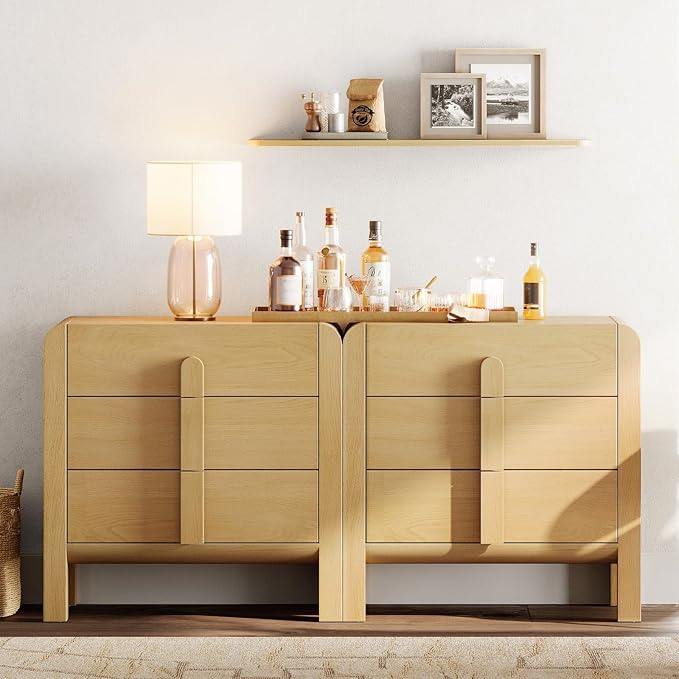 WAMPAT Large Sideboard Buffet Cabinet with Storage with 6 Drawers, Modern French 63" W Buffet Cabinet with Storage, Wood Coffee Bar Cabinets with Curved Edge Design for Kitchen Living Room, Oak