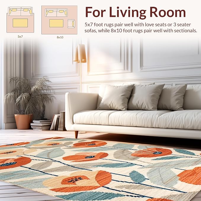 Flatwoven High Traffic Area Rug 6x9, Eclectic Boho with Abstract Floral and, Non Slip, Stain Resistant, Washable Area Rugs for Living Room, Bedroom (Orange, 6x9)
