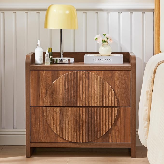 Turtle&Myrtle 24 Inch Wide Fluted Nightstands Set of 2, Large Night Stand with 2 Drawers, Mid Century Modern Bedside Table End Table with Storage for Bedroom Living Room Office (Walnut)