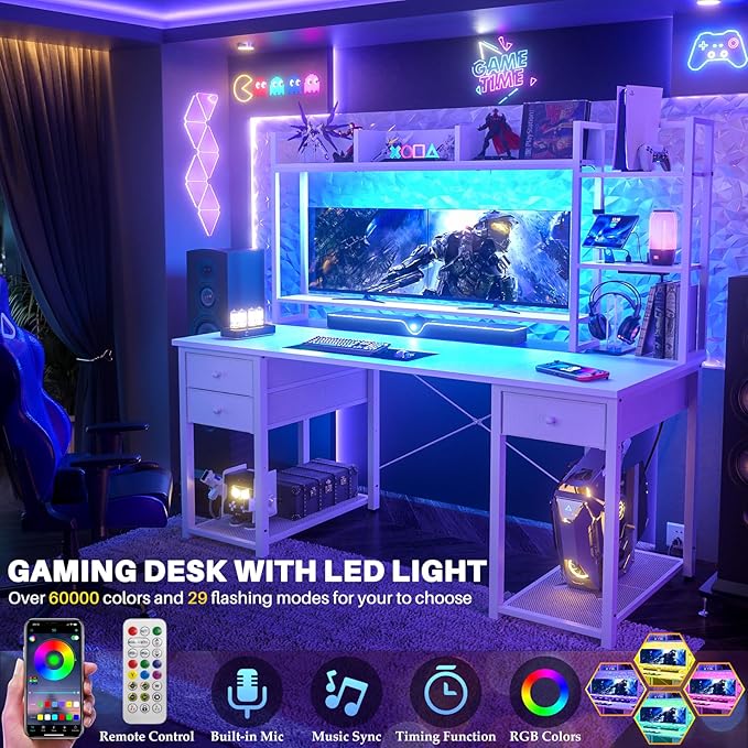 Aheaplus Desk with LED and Outlets, Gaming Desk with Hutch, 55.2'' Computer Desk with Drawers, Reversible Office Desk with Storage Bookshelf Large Workstation Desks with Shelf, Desk for Home, White