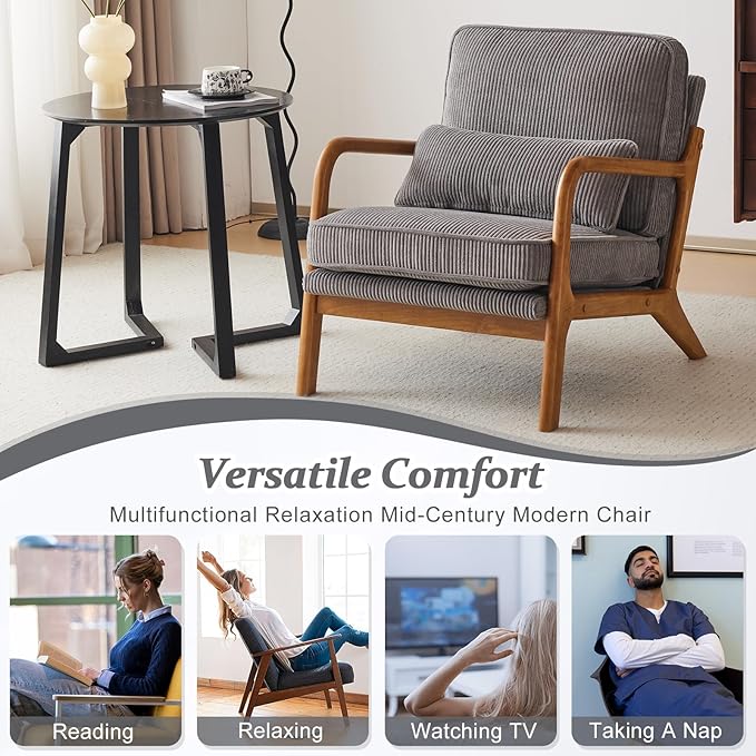 VINGLI Upgraded Premium Corduroy Accent Chair,Upholstered Arm Chair,Solid Wood Comfy Reading Chair with Lumbar Pillow, Mid Century Modern Chairs for Living Room,Bedroom,Guest Room,Light Grey
