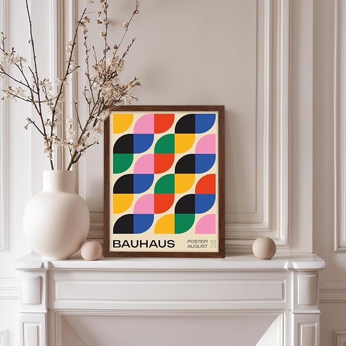 Poster Master Bauhaus Poster - Rainbow Knots Print - Abstract Art - Graphic Design Art - Geometric Art - Chic Boho Art - Mid Century Modern Art - Living Room or Bedroom Decor - 11x14 Brown Framed