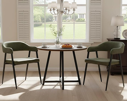 HNY Modern Dining Room Arm Chairs Set of 2, Green Retro Faux Leather Upholstered Barrel Dining Chairs with Arms Mid-Century Accent Chair with Metal Legs, Open-Back Kitchen Side Chairs for Living Room