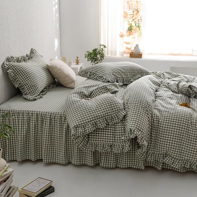 mixinni Green Gingham Ruffle Duvet Cover Twin Size 3 Pieces – 100% Washed Cotton, Vintage Plaid Ruffled Bedding Set with Zipper Ties, Soft Checkered Grid Farmhouse Chic Comforter Cover Set