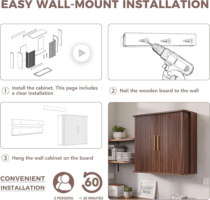 FIMELLO 59" W Laundry Room Cabinets Wall Mounted, Kitchen Wall Cabinet with Sliding Tambour Door, Floating Cabinet for Wall, Upper Cabinets, Hanging Wall Cabinets, Brown Walnut