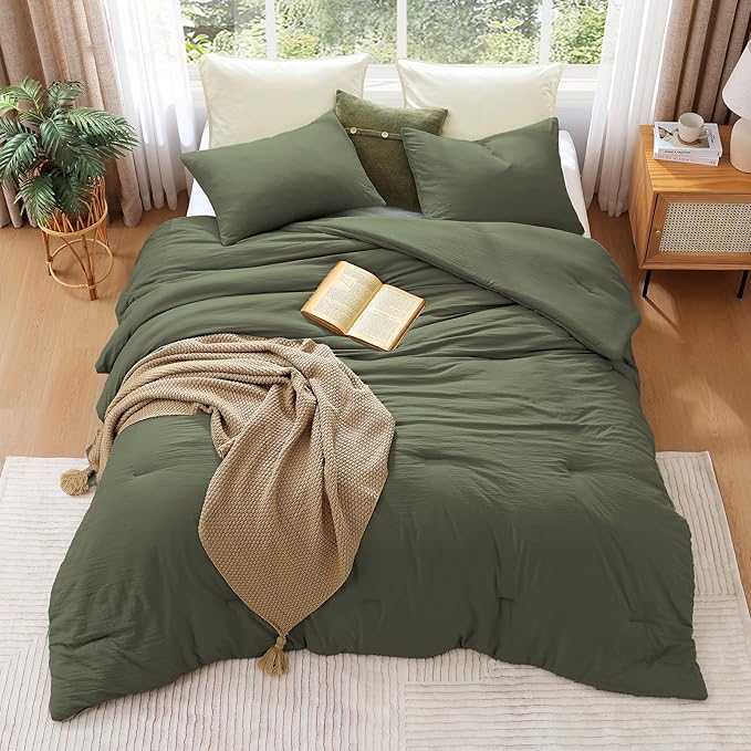 WRENSONGE Super King Plus Comforter Set - 3 Pieces Prewashed Olive Green Comforter Soft Lightweight for All Seasons,Down Alternative Comforters Super King Plus Size with 2 Pillow Shams