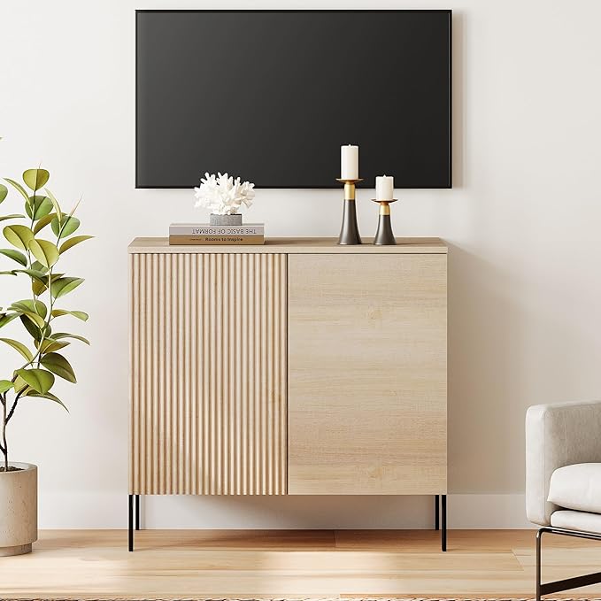 WAMPAT 31.5" Sideboard Buffet Cabinet with 2 Doors and Adjustable Shelves, Fluted Storage Cabinet, Modern Credenza Coffee Bar Wine Bar Table for Kitchen, Dining Room, Living Room,Beige