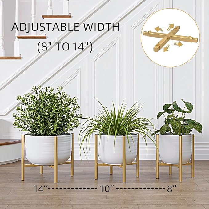 Adjustable Metal Plant Stand Indoor, Fits 8-14 Inch Pots, Mid Century Modern Gold Planter Holder,2 Heights, Heavy Duty 160 lb, Indoor Outdoor Corner Floor Pot Stand, Golden 2 Pack