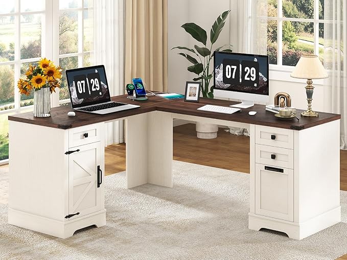 Squireewo 68.9'' Farmhouse L Shaped Desk with Drawers, Wood Executive Home Office Desk with Charging Station, File Drawers and Storage Cabinet, Computer Corner Desk for Work, Study and Writing, White
