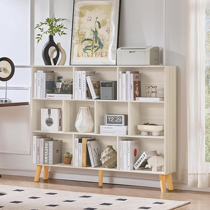 LEYAOYAO 10 Cube Bookshelf, 3 Tier Vintage 55" Wide Bookcase with Legs, Mid-Century Bookshelves Storage, Light Grey White Large Book Case, Freestanding Organizer Display Shelf for Living Room, Office