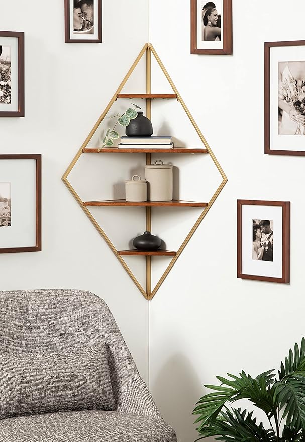 Kate and Laurel Melora Mid-Century Modern Corner Shelf; 24 x 38 x 17; Walnut and Gold; Glamorous Floating Corner Shelving with Four Shelves and Unique Geometric Shape