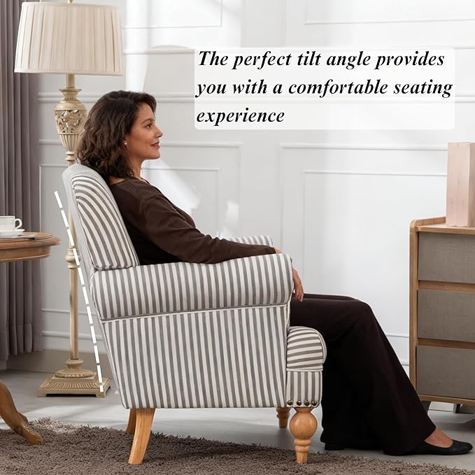 Linen Accent Chair Mid-Century Modern Living Room Armchair with Nailhead Trim & Wood Legs Comfy Upholstered Single Sofa Chair for Lounge/Bedroom/Reception, Black Stripe