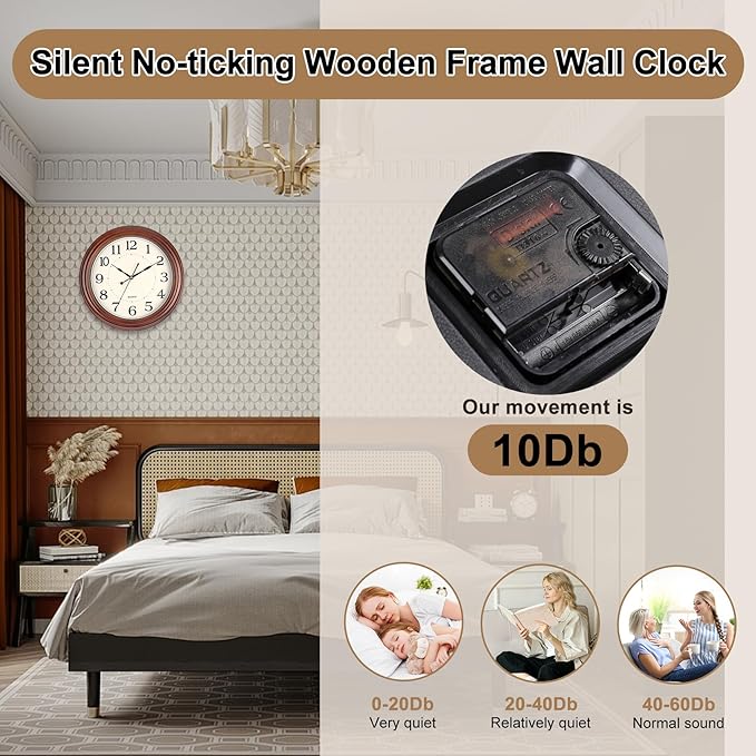 12 Inch Wood Wall Clock, Retro Wooden Wall Clocks Battery Operated, Silent Wall Clock for Living Room Bedroom Housewarming Xmas New Year Present