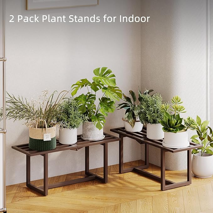 2 Pack Metal Plant Stand, Foldable Heavy Duty Indoor, Window Iron Plant Shelf - Mid Century Modern Slatted Bench for Patio, Garden, Living Room Load Bearing 330 lbs, 26" L x 10.4" H x 8.6" W 1 Tier Coffee