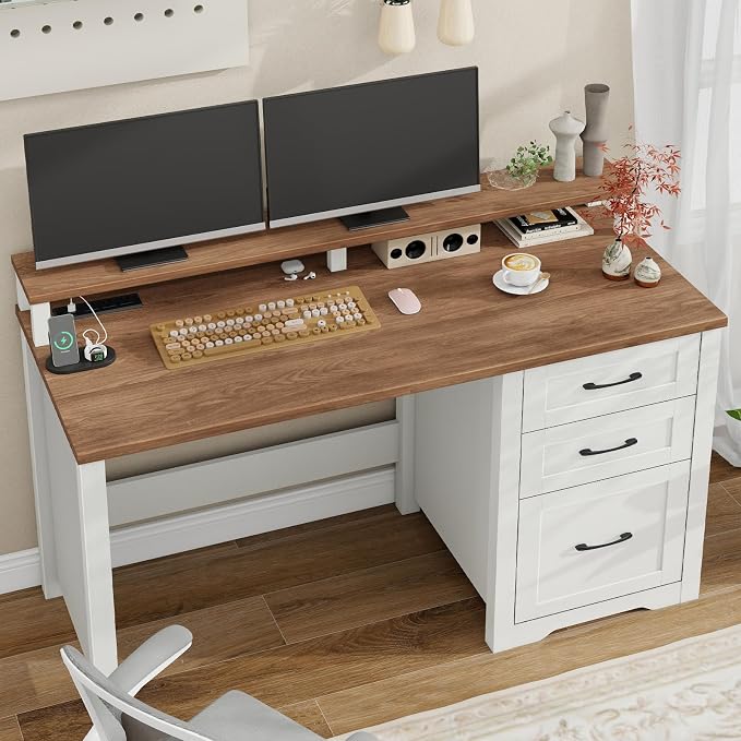 Vabches 47" Farmhouse Executive Desk with Monitor Stand & File Cabinet,3 Drawers Computer Desk with LED Lights and Power Outlets,Workstation for Home Office, Study,Writing.（Unique White）