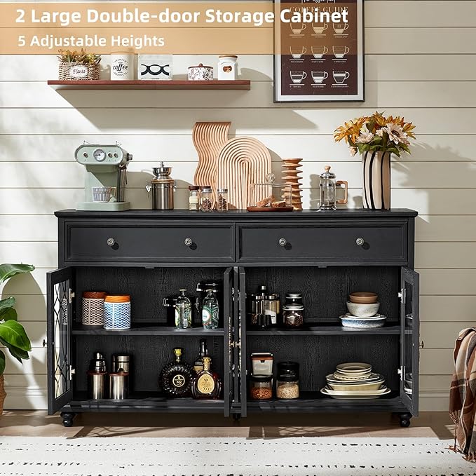 Farmhouse Sideboard Buffet Cabinet with Storage,59" Large Credenza with 4 Glass Doors & 2 Drawers,Adjustable Shelves Console Table,Wood Kitchen Coffee Bar for Dining Room,Living Room,Black