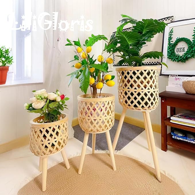 Boho rattan plant stand set of 2/3 – handwoven tall elevated wicker plant baskets for indoor plants, mid-century modern wooden planter holder with tripod legs,no-tool assembly，apartment gardening， farmhouse home decor, ideal gift for houseplant lovers