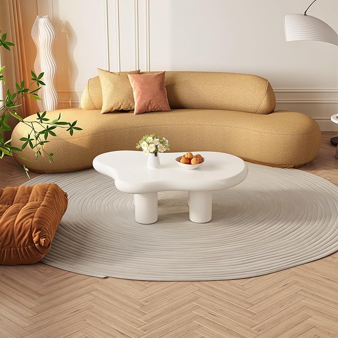 46.06" White Large Cloud Coffee Table, Modern Round Edge Coffee Table with 4 Sturdy Support Legs and 2.67" Thick Tabletop,Easy Match for Living Room, Bedroom, Balcony,Patio