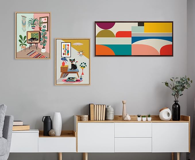 Kate and Laurel Sylvie Mid Century Modern Pattern Framed Canvas Wall Art by Rachel Lee of My Dream Wall, 18x40 Brown, Colorful Abstract Art Print for Home Wall Decor