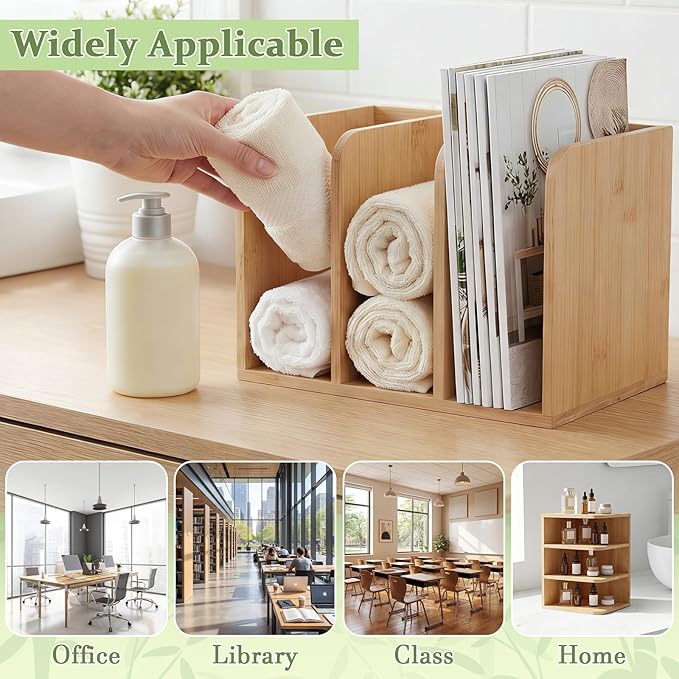 Novabright Bamboo Wooden File Magazine Holder Desk Organizer, 3 Vertical Compartments Workspace Sorters for Magazines, Binders, Notebooks, Envelopes